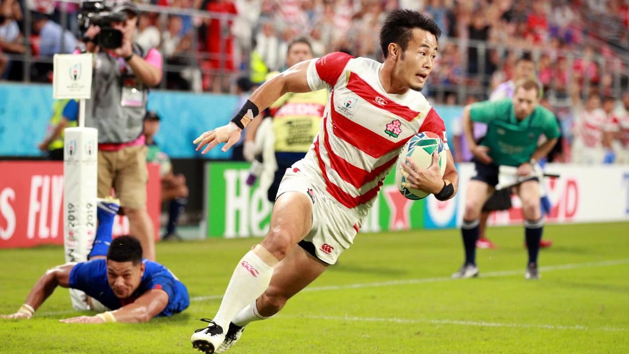 Kenki Fukuoka of Japan scores his team’s third try during the Rugby World Cup.