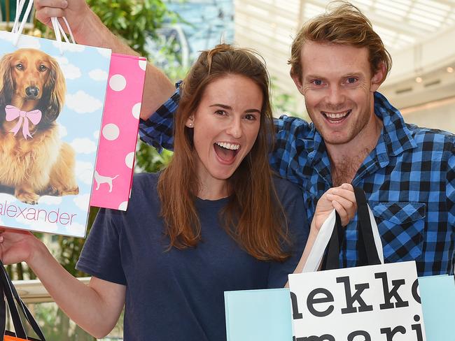 Chadstone Shopping Centre are having a 34 hour shopping marathon. Emma Burnside and Keiran King with shopping bags. Picture: Josie Hayden