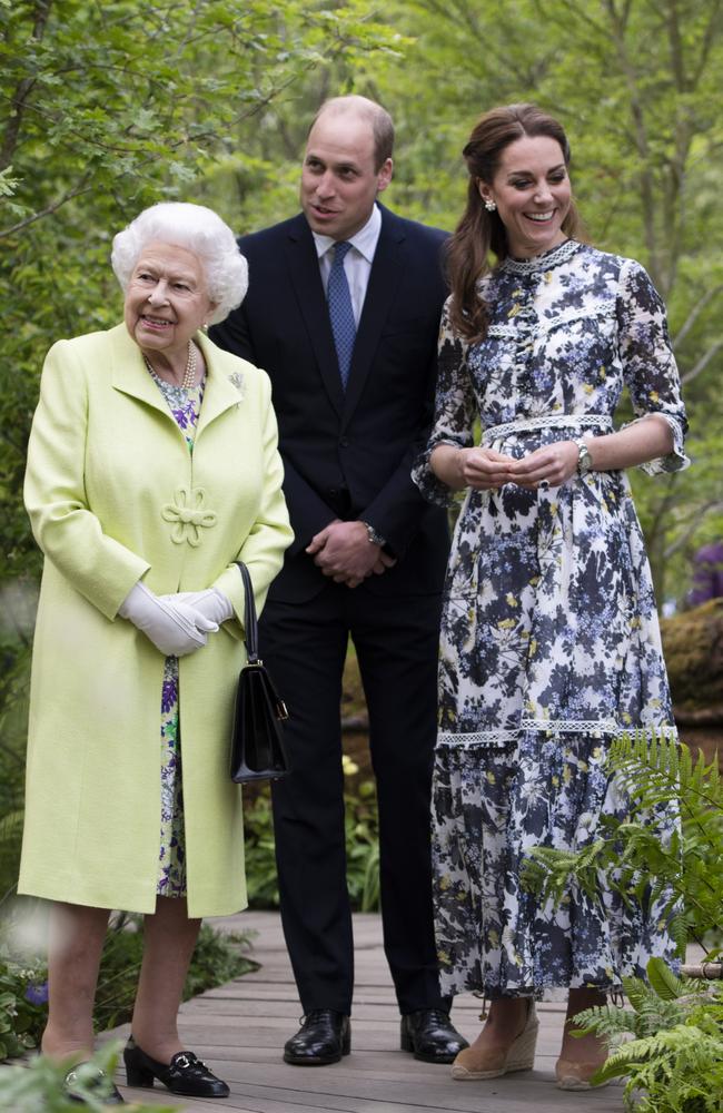 2019: Queen Elizabeth II is shown around Prince William and Catherine, Duchess of Cambridge’s exhibit at the RHS Chelsea Flower Show 2019. Picture: Geoff Pugh – WPA Pool/Getty Images