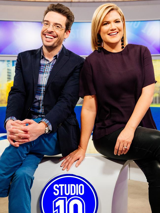 Harris and Hildebrand on the set of Studio 10. (Picture: Jonathan Ng)