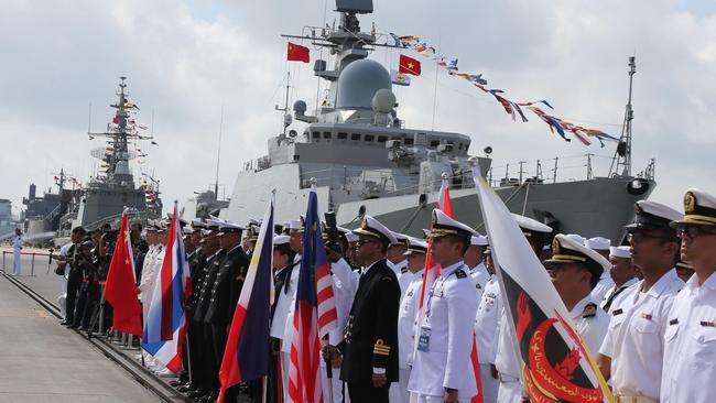 Chinese and Association of Southeast Asian Nations navy representatives at the opening ceremony for a joint maritime exercise at a military port in Zhanjiang, in China's southern Guangdong province. Picture: AFP