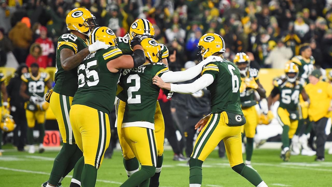 November 15, 2020: Green Bay Packers kicker Mason Crosby #2 kicks a field  goal during the NFL Football game between the Jacksonville Jaguars and the Green  Bay Packers at Lambeau Field in