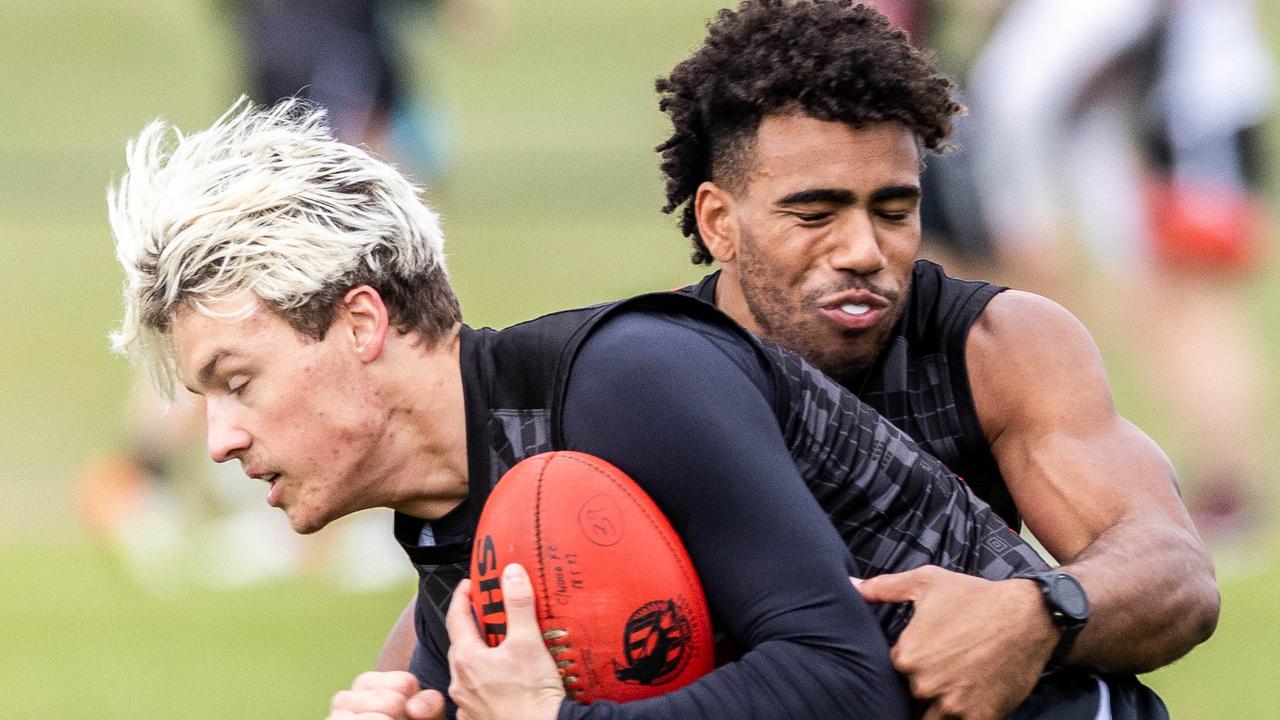 Collingwood youngsters Jack Ginnivan and Isaac Quaynor back on the track following the TikTok furore. Picture: Jake Nowakowski