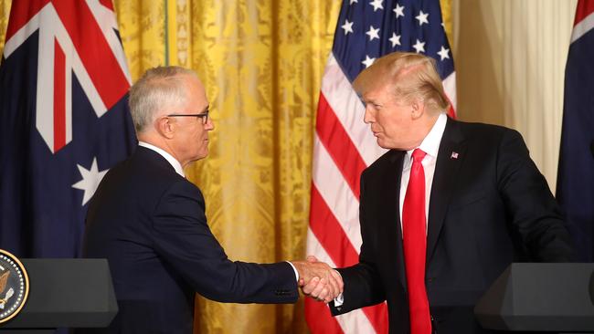 US President Donald Trump and Australian Prime Minister Malcolm Turnbull shake hands during the recent trade delegation to the White House. Picture: Nathan Edwards