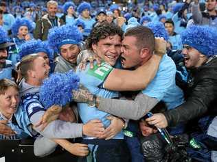 James Roberts celebrating victory with Blues fans at full time in Game 2 of the NSW v QLD State of Origin series at ANZ Stadium, Sydney. Picture: Brett Costello