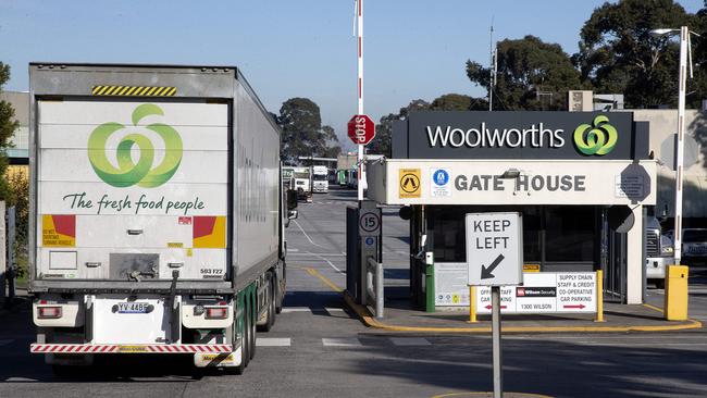 A truck enters the Woolworths distribution centre in Mulgrave in Melbourne's southeast where two further positive coronavirus cases have been confirmed. Picture: NCA NewsWire / David Geraghty