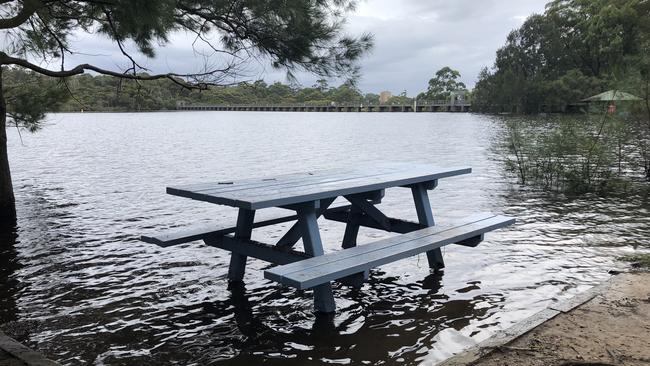 A picnic table with a waterfront view at the Manly Dam reservoir at Manly Vale on Monday. Picture: Jim O'Rourke