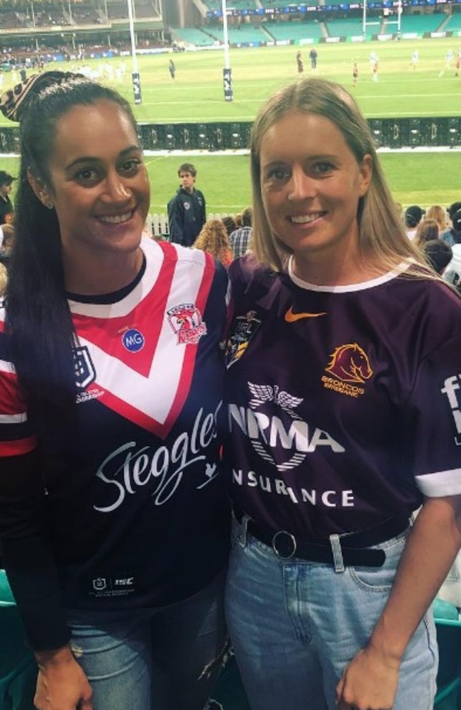 Close friends Lauren Brown and Yasmin Clydsdale at the footy. Picture: @loz_brown