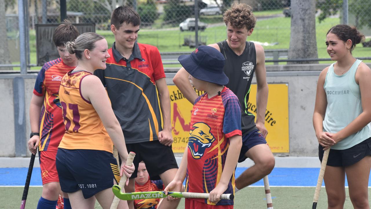 Players at the Park Avenue Brothers Hockey Club and Astro's Hockey development clinic at Kalka Shades, Rockhampton, on February 8, 2025.