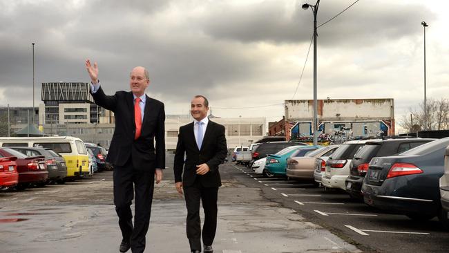 Richmond MP Richard Wynne and Education Minister James Merlino at the site of the new Richmond High School last year. Picture: Kylie Else