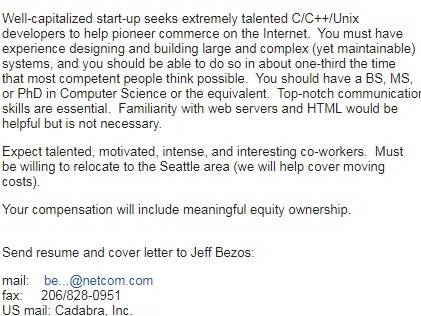 Amazon's first job ad reveals company's dark side. Picture: Google