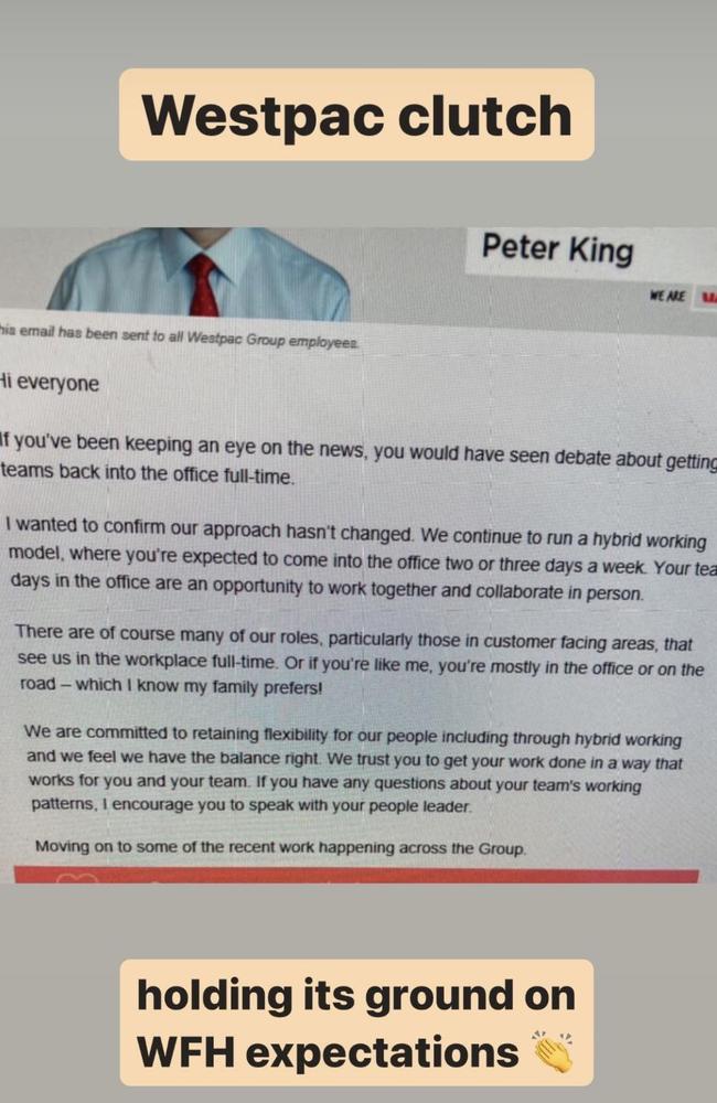 An email to Westpac staff. Picture: @theaussiecorporate/Instagram