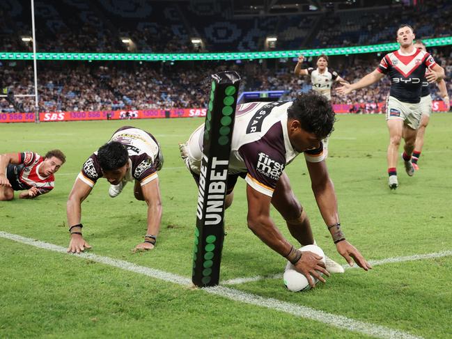 Selwyn Cobbo made all the right moves on the wing as he scored a hat-trick for the Broncos. Picture: Getty Images