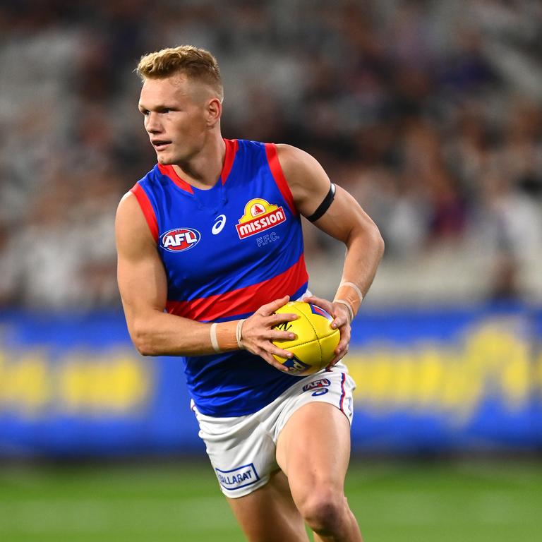 Adam Treloar’s first touch of the footy as a Bulldog. Picture: Getty Images