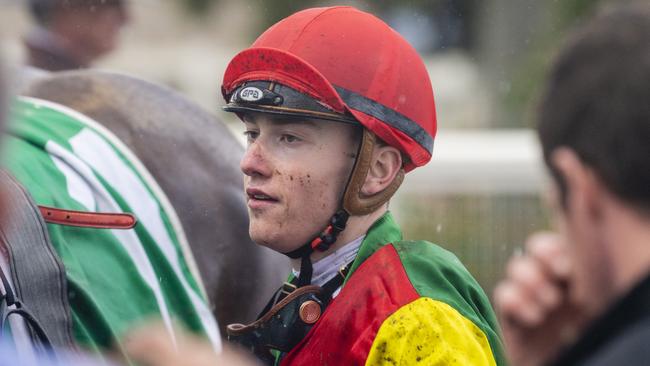 Jockey Jaden Lloyd after winning race one with New York Gal at Clifford Park, Saturday, October 22, 2022. Picture: Kevin Farmer