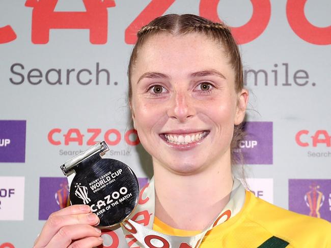 YORK, ENGLAND - NOVEMBER 06: Tarryn Aiken of Australia  poses after being named Player of the Match following the Women's Rugby League World Cup Group B match between Australia Women and France Women at LNER Community Stadium on November 06, 2022 in York, England. (Photo by George Wood/Getty Images for RLWC)