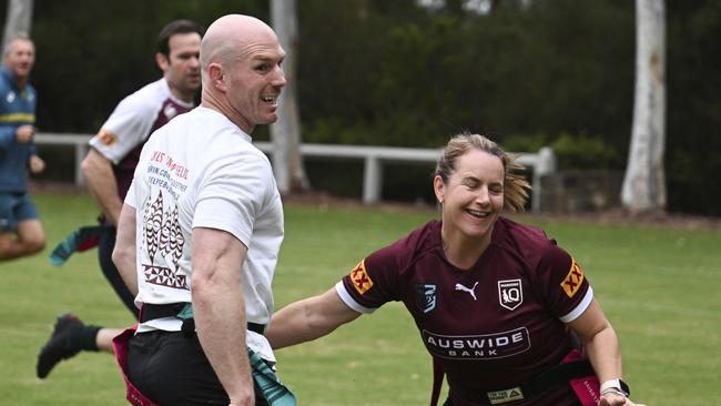 Climate 200-Independent David Pocock and Labor Senator Nita Green during a touch rugby match in February. Picture: NCA NewsWire / Martin Ollman