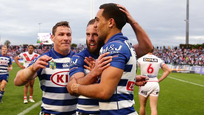 Bulldogs winger Reimis Smith celebrates a try against the Dragons. Picture: Brett Costello