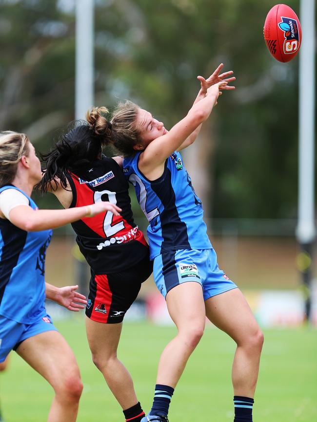 Sturt co-captain Maya Ritter tries to mark in front of West’s Rachelle Martin. Picture: Deb Curtis