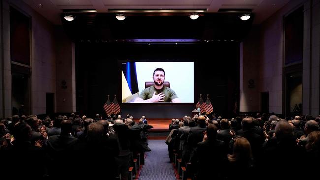 Volodymyr Zelensky virtually addresses the US congress at the US Capitol’s visitor centre on Wednesday. Picture: AFP