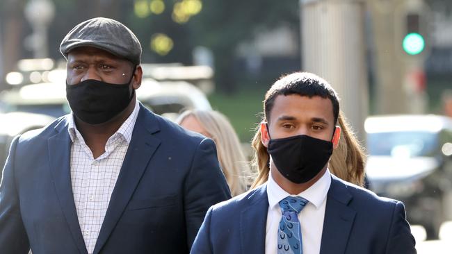 Former Australian rugby league and union star Wendell Sailor (left) has been supporting his son Tristan Sailor (right) in court. Picture: NCA NewsWire / Damian Shaw