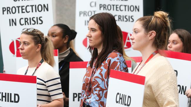 SYDNEY, AUSTRALIA : Newswire Photos- JULY 03 2024: Child protection caseworkers stop work and walk off the job and protest outside the Community Services Centre in Redfern today at 12.30pm over unacceptable risk to child safety in NSW. Child protection caseworkers say there is a crisis in child protection. Only one in four kids reported to child protection services as at risk of serious harm (ROSH) are being seen by a child protection caseworker. Picture: Newswire / Gaye Gerard