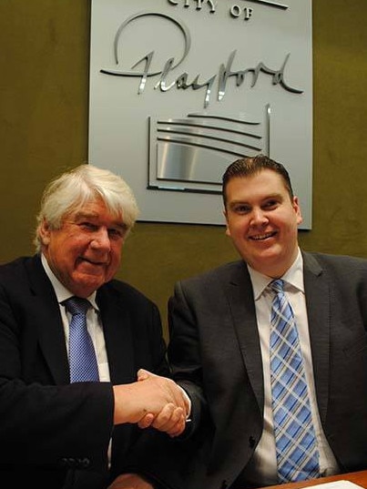 Dr Mal Hemmerling and Playford Mayor Glenn Docherty in 2015. Picture: Playford Council