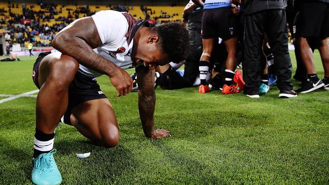 Kevin Naiqama celebrates Fiji’s win over New Zealand.