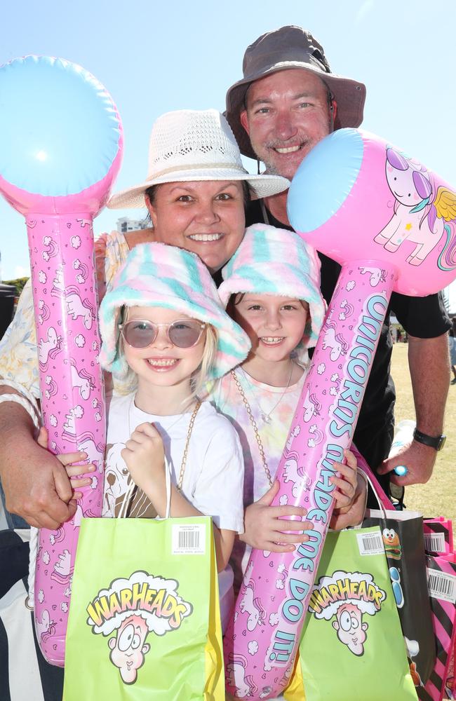 Huge crowds for the first day of the Gold Coast Show. Charlie Lazance, 7 with Holly and Damian Vanweezep and daughter Billie, 7. Picture: Glenn Hampson