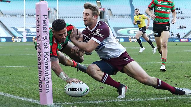 SYDNEY, AUSTRALIA - JULY 13: Dane Gagai of the Rabbitohs scores a try during the round 17 NRL match between the South Sydney Rabbitohs and the Manly Sea Eagles at ANZ Stadium on July 13, 2019 in Sydney, Australia. (Photo by Mark Metcalfe/Getty Images)