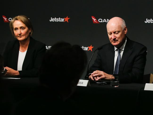 SYDNEY, AUSTRALIA - Newswire Photos -MAY 02 2023:  CEO designate and Chief Financial Officer Vanessa Hudson is joined by Qantas Group Chairman Richard Goyder and CEO Alan Joyce to address the media on the CEO succession plan announced today during a press conference at Qantas HQ in Sydney. Picture: NCA Newswire / Gaye Gerard