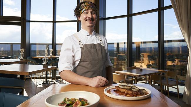 Head chef Rhys Nicholson from Sol Rooftop with halloumi and wagyu dishes in Adelaide. Picture: Matt Loxton