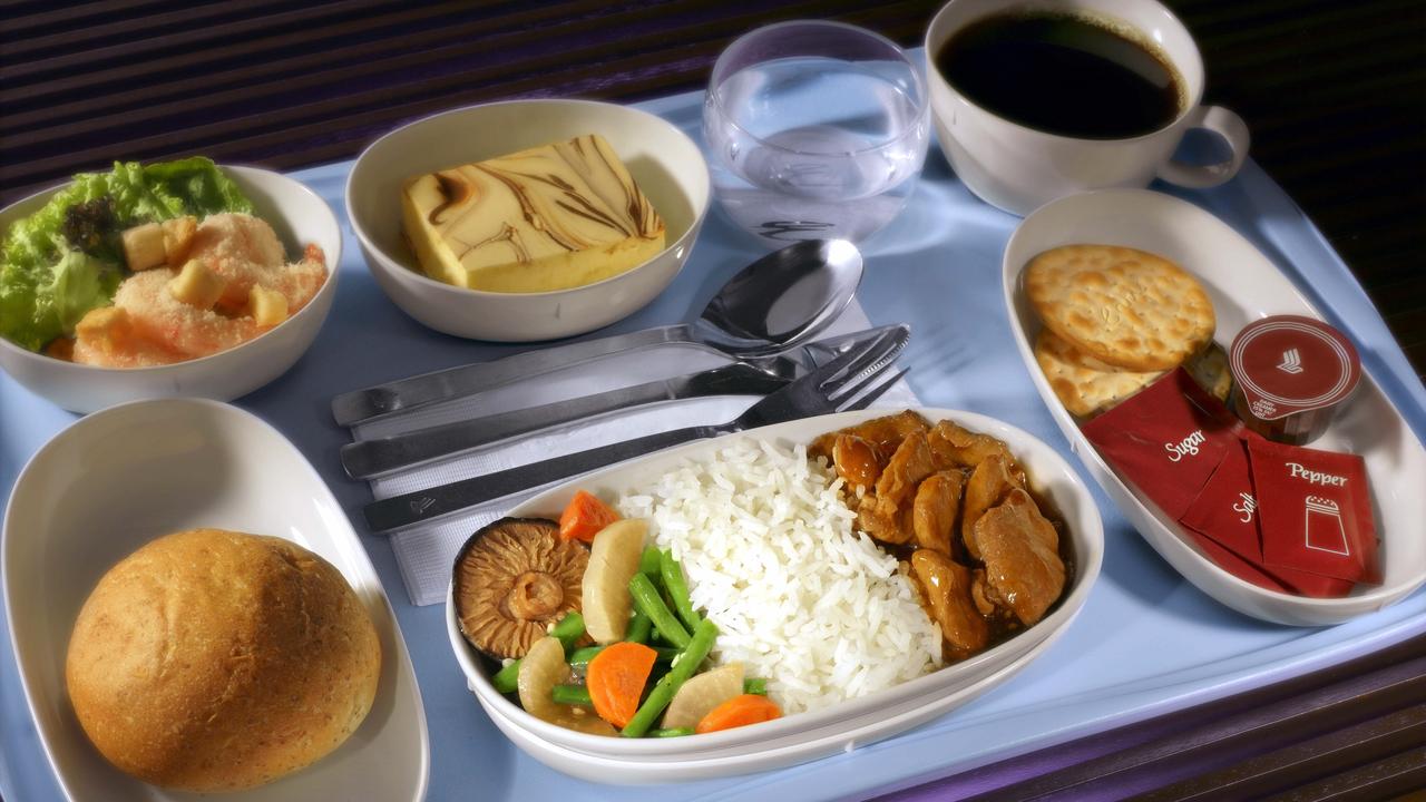 Singapore Airlines economy meal. The number of side dishes on a tray is a good indication of how much the airline is spending on catering.