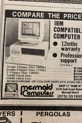 An IBM computer was hugely expensive at the time. Advertisements from the Gold Coast Bulletin, July 1985