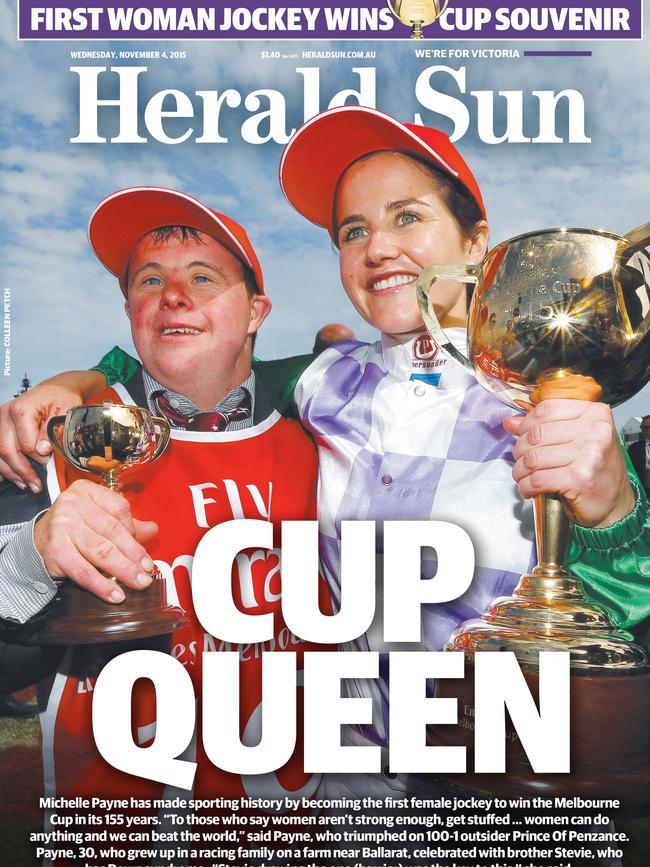 November 4, 2015 — Michelle Payne salutes as the first female jockey to win the race that stops the nation.