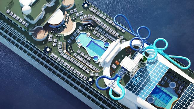 an aerial view of the Pacific Adventure’s water slides. Picture: P&amp;O