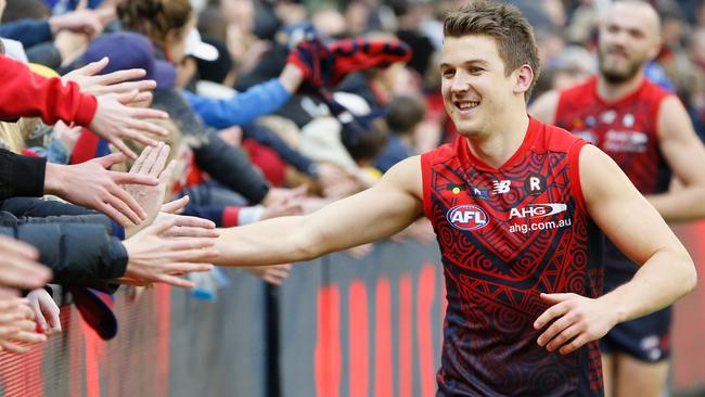 Jack Trengove celebrates Melbourne’s round 18 win against Port Adelaide on his return to the club’s AFL team. Picture: Michael Dodge (Getty Images).
