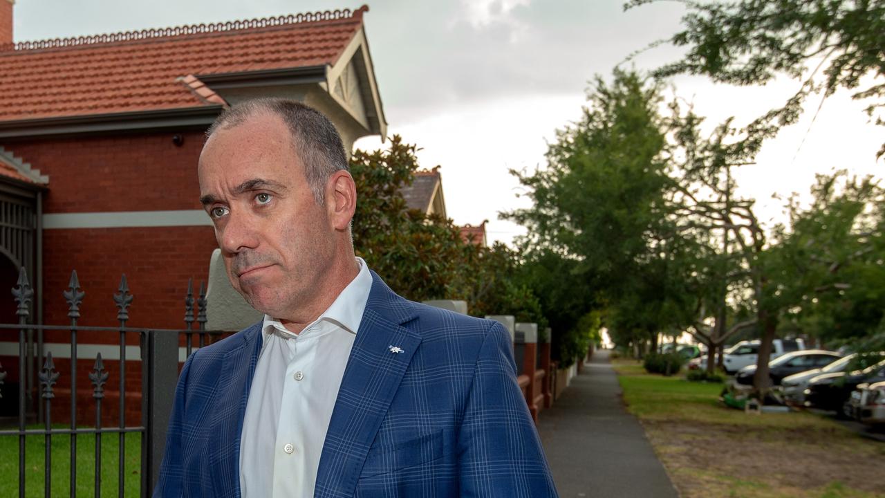 NAB Andrew Thorburn talking to media outside his Albert Park home. Picture Jay Town