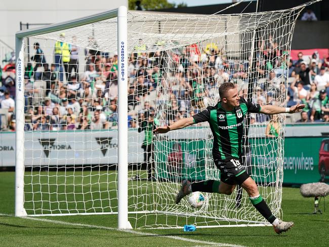 Besart Berisha of Western United FC celebrates his goal during the Round 9 A-League match between Western United FC and Melbourne Victory at GMHBA Stadium in Geelong, Sunday, December 8, 2019. (AAP Image/George Salpigtidis) NO ARCHIVING, EDITORIAL USE ONLY