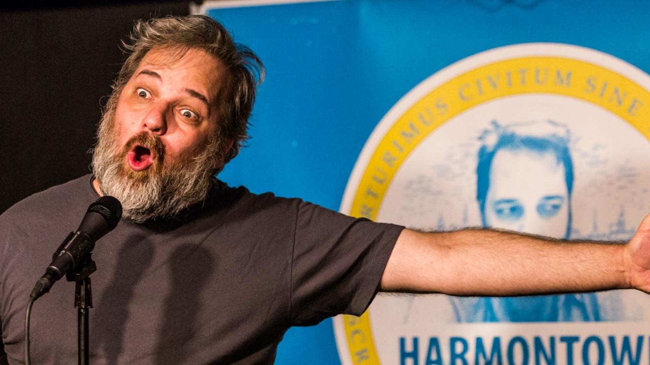 Dan Harmon at a 2016 recording of his now-ended live podcast Harmontown on which he detailed and apologised for how he treated a writer on his Community staff. Picture: Georgia Schofield Photography.