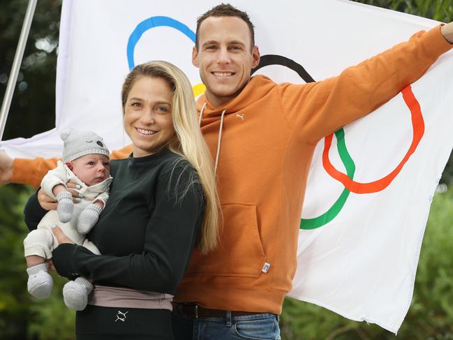 Genevieve and Ryan Gregson with baby Archer. Picture: Annette Dew