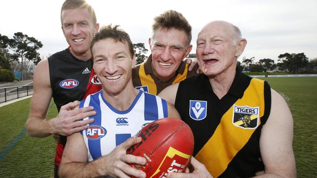 Boomer joined the 400 club last year and marked the occasion with an iconic images with fellow 400 gamers Dustin Fletcher, Michael Tuck and Kevin Bartlett. Picture: David Caird