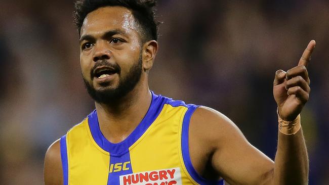 West Coast forward Willie Rioli celebrates a goal against Essendon. Picture: Will Russell/AFL Photos via Getty Images.