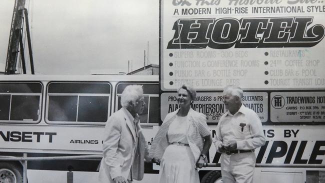 Picture taken in 1980 of (L-R) big game angler Lee Marvin, Cairns hotel pioneer Dina Kamsler, and manager of Ansett ANA Airlines Roy Clark.