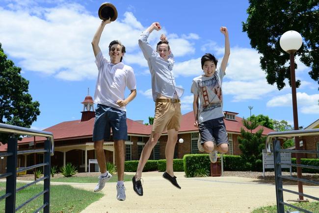 Liam Brandish and Campbell Owbridge of St Edmund's College and Man Kit Lam of Bremer State High School all received OP1 rankings following their Year 12 studies. . Picture: David Nielsen