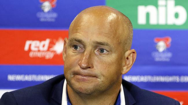 Knights coach Nathan Brown talks to media at the post match press conference after the Round 5 NRL match between the Newcastle Knights and the Manly Sea Eagles at McDonald Jones Stadium in Newcastle, Saturday, April 13, 2019. (AAP Image/Darren Pateman) NO ARCHIVING, EDITORIAL USE ONLY