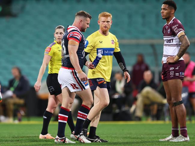 SYDNEY, AUSTRALIA - AUGUST 03:  Nathan Brown of the Roosters walks from the field after being sent off during the round 23 NRL match between the Sydney Roosters and Manly Sea Eagles at Sydney Cricket Ground on August 03, 2023 in Sydney, Australia. (Photo by Matt King/Getty Images)