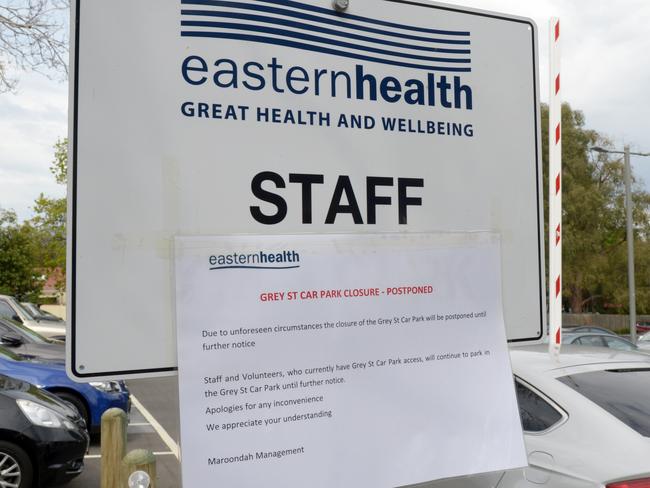 Eastern Health notice for staff carpark closure. Picture: Steve Tanner