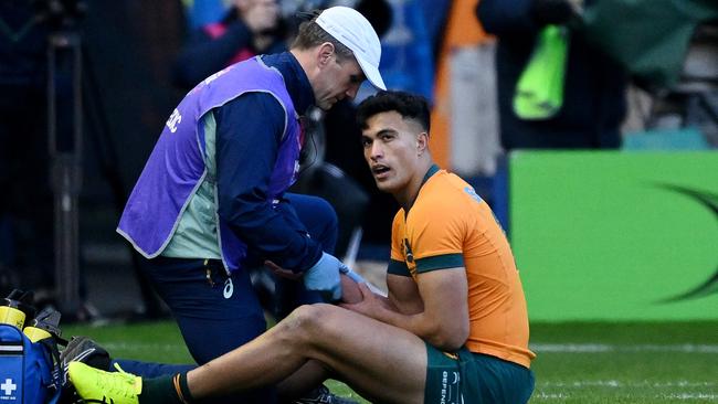 The Wallabies are sweating on an injury to star recruit Joseph-Aukuso Suaalii. Picture: Stu Forster/Getty Images