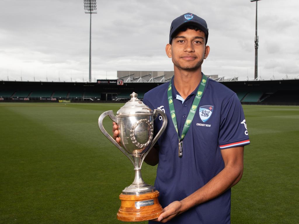 NSW Metro captain Yash Deshmukh with the trophy after he took six wickets in Thursday's under-17 championships final win over Queensland at Launceston on Thursday. Picture: Linda Higginson/Cricket Australia (EDITORIAL USE ONLY)